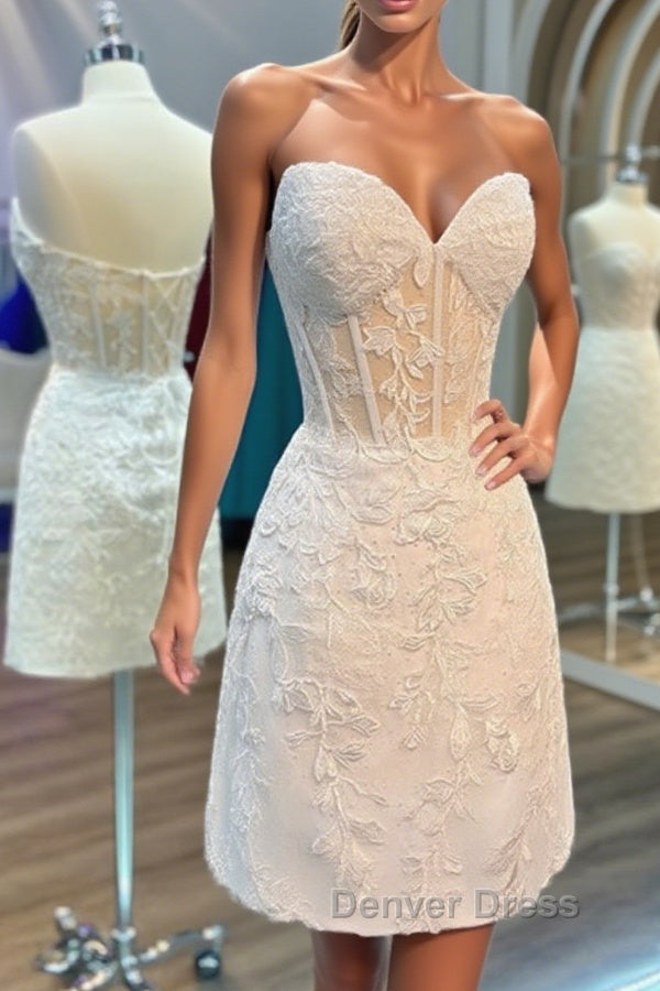 Strapless Short White Lace Prom Dresses, Short White Lace Formal Homecoming Dresses