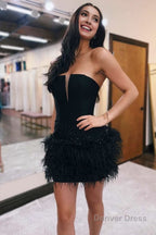 Strapless Sky Blue Fitted Short Homecoming Dresses with Feathers