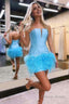 Strapless Sky Blue Fitted Short Homecoming Dresses with Feathers