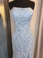Strapless Sky Blue Lace Mermaid Long Prom Dress, Blue Lace Mermaid Prom Graduation Dresses