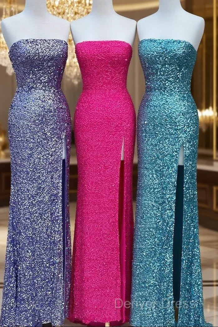 Strapless Sparkly Long Prom Dresses With Slit,Formal Dresses,Charming Dance Dresses Main image