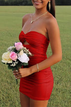Strapless Sweetheart Keyhole Pleated Satin Tight Prom Homecoming Dresses