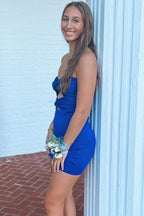 Strapless Sweetheart Keyhole Pleated Satin Tight Prom Homecoming Dresses