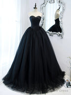 Strapless Sweetheart Neck Black Tulle Prom Dresses, Black Tulle Prom Gown