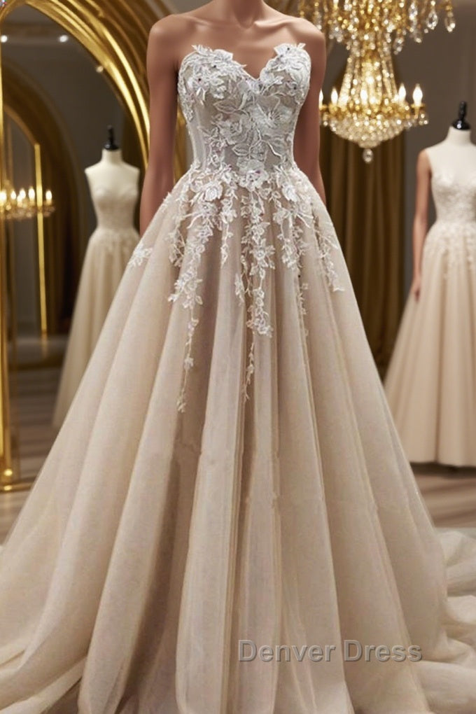 Strapless Sweetheart Neck Champagne Lace Appliques Long Prom Dress, Champagne Lace Floral Prom Dresses Main image