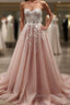 Strapless Sweetheart Neck Pink Lace Appliques Long Prom Dresses, Pink Lace Floral Formal Dresses, Pink Evening Dresses