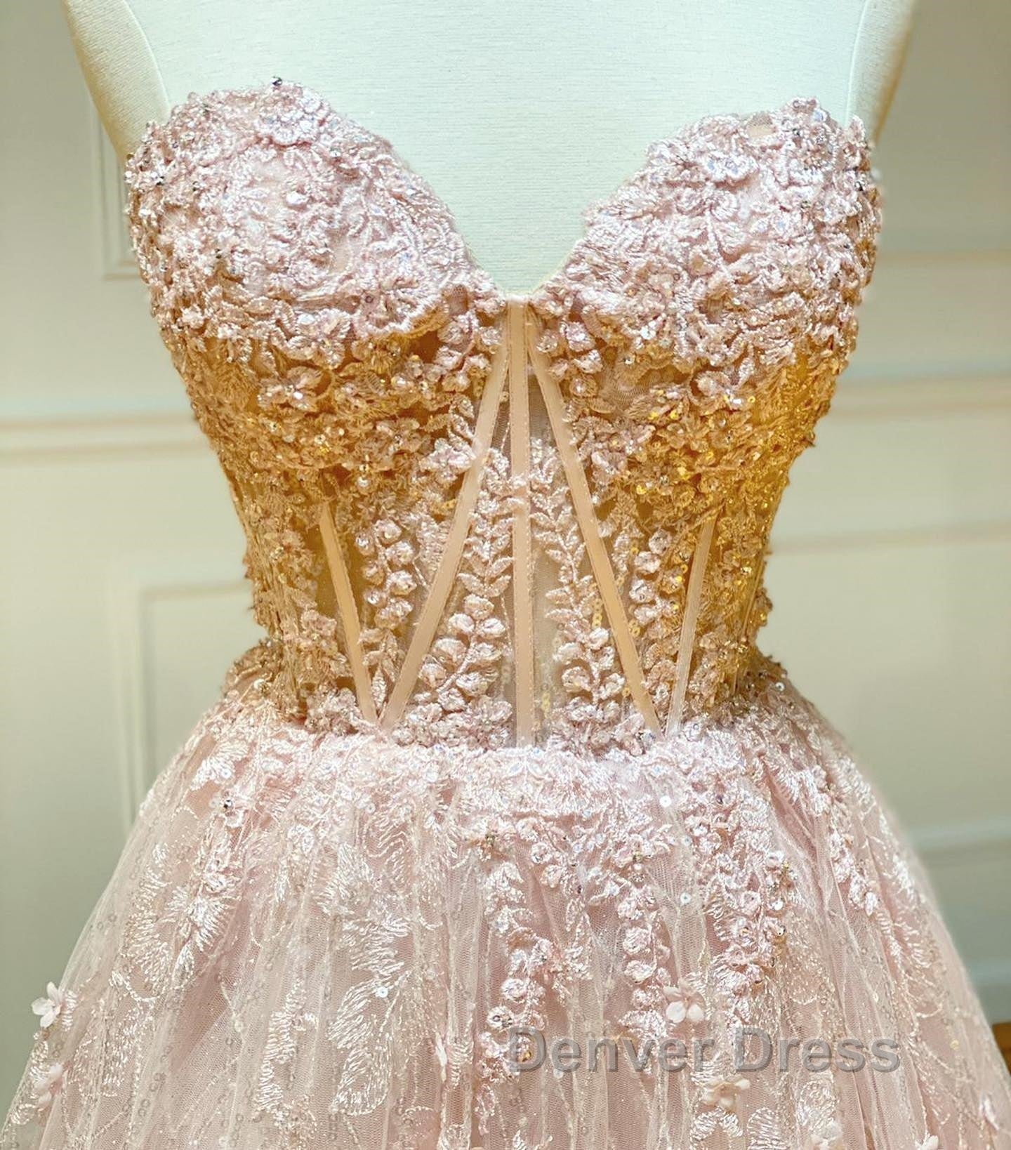 Strapless Sweetheart Neck Pink Lace Long Prom Dress, Pink Lace Prom Graduation Prom Dresses Secondary image