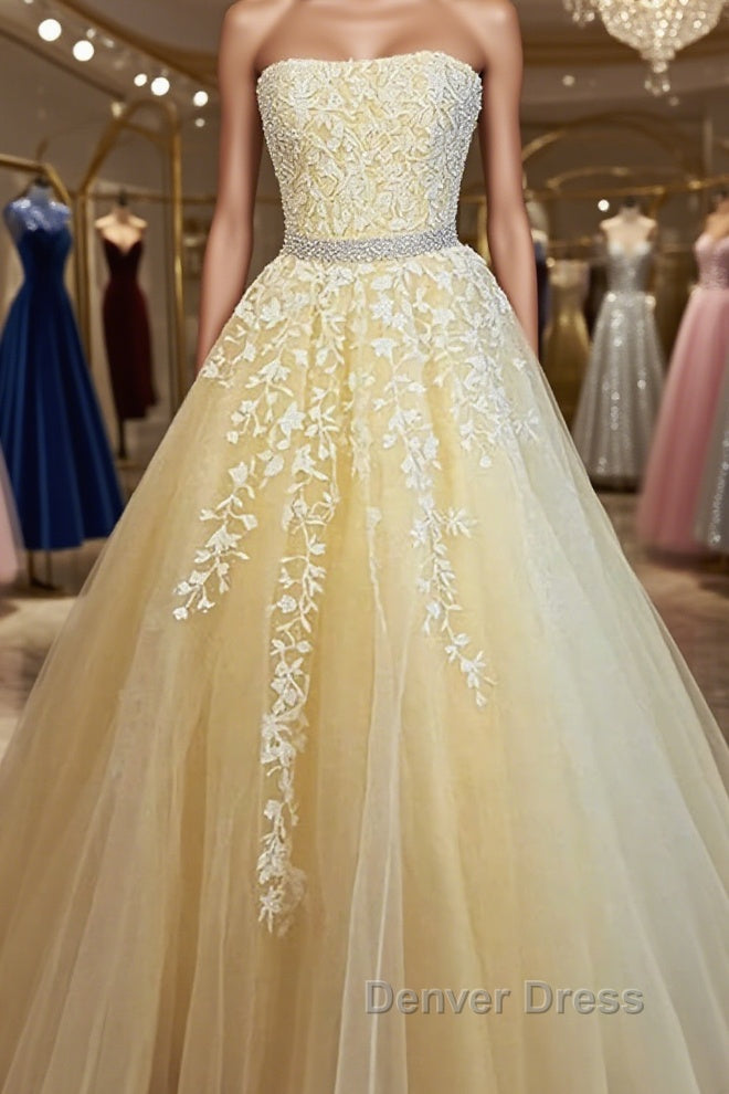 Strapless Yellow Lace Long Prom Dress, Yellow Lace Prom Dresses