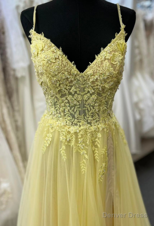 Straps Yellow Long Prom Dresses with Lace Top Secondary image