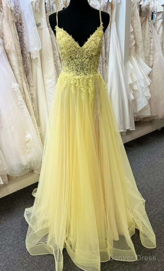 Straps Yellow Long Prom Dresses with Lace Top Main image