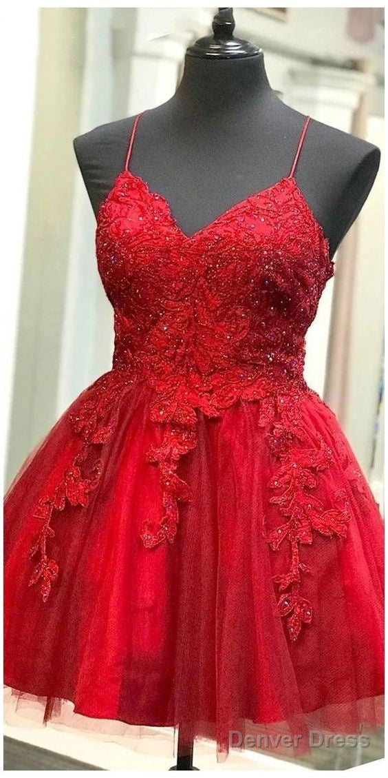 Strappy Short Homecoming Dresses Lace Applique Red Main image