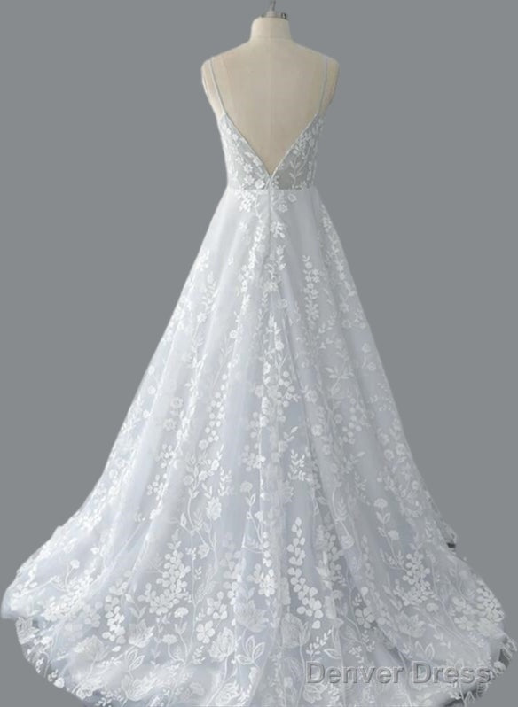 Straps A Line Lace Wedding Dresses With Open Back