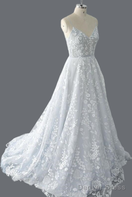 Straps A Line Lace Wedding Dresses With Open Back