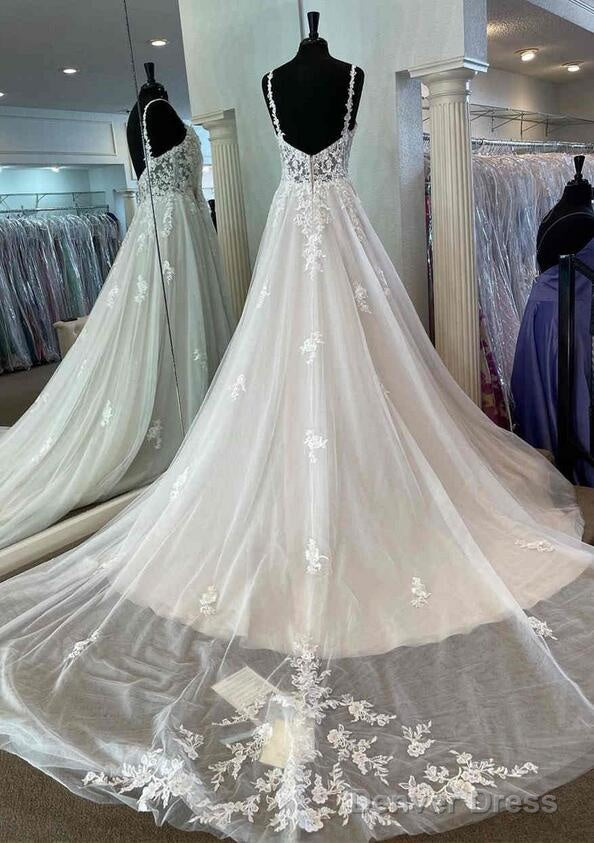 Straps A Line Open Back Tulle Lace Wedding Dresses