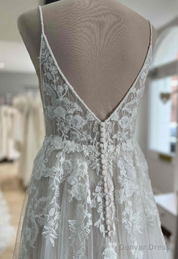Straps A Line Tulle Lace Beach Wedding Dresses