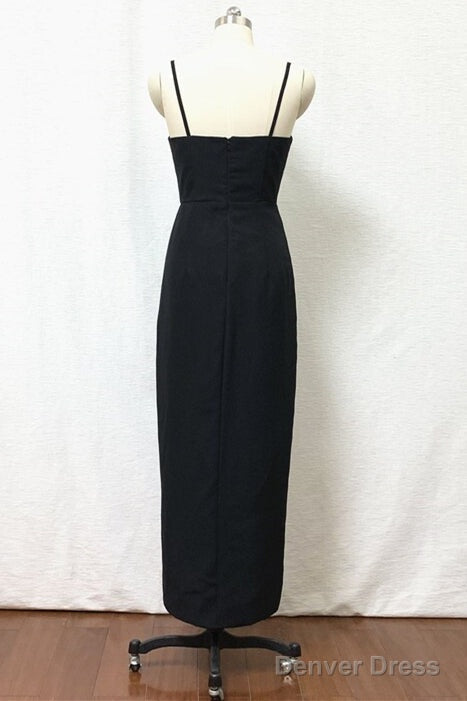 Straps Black Sheath Tea Length Bridesmaid Dresses