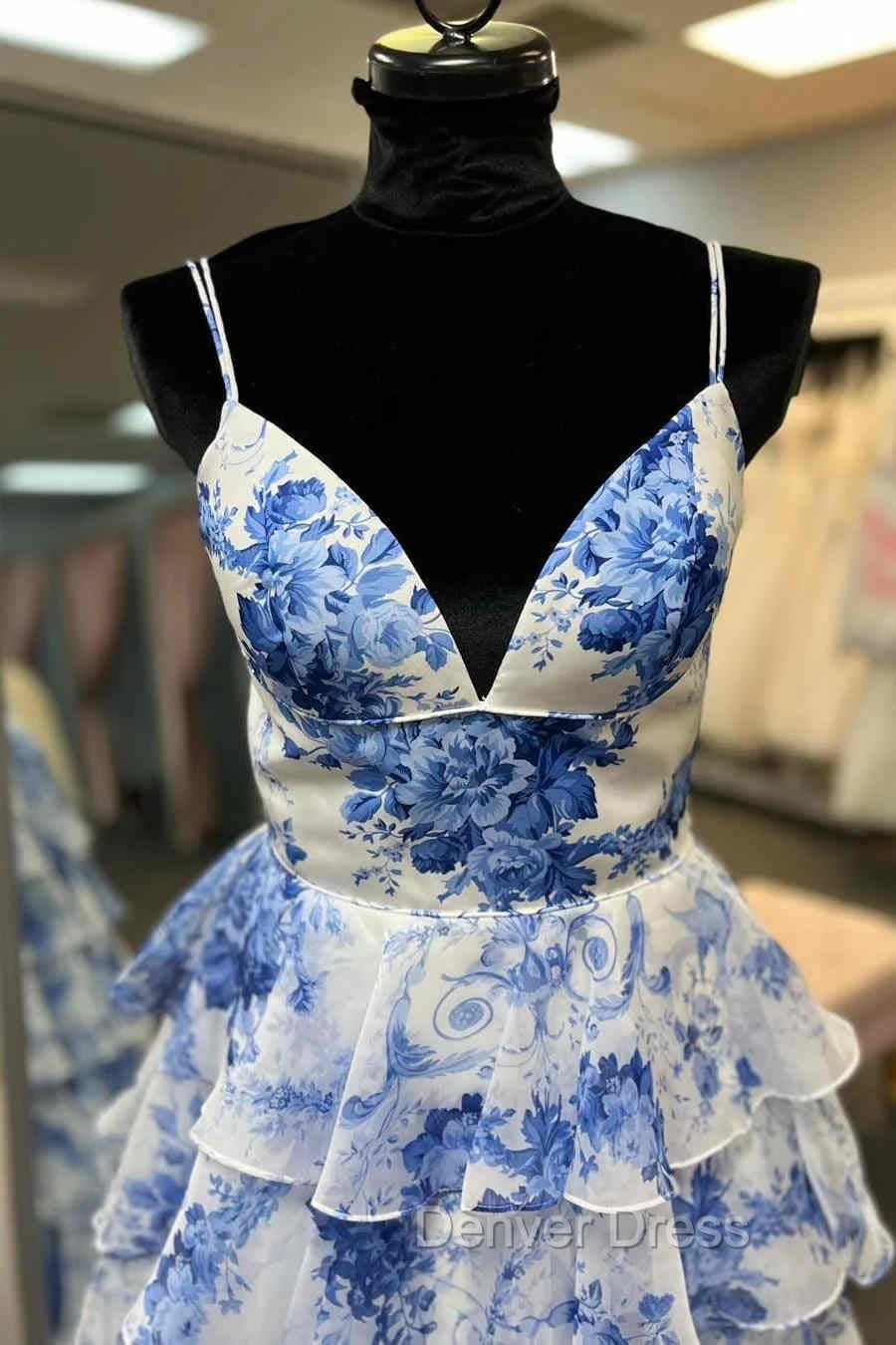 Straps Blue Floral Print High Slit Ruffled Prom Dresses