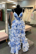 Straps Blue Floral Print High Slit Ruffled Prom Dresses