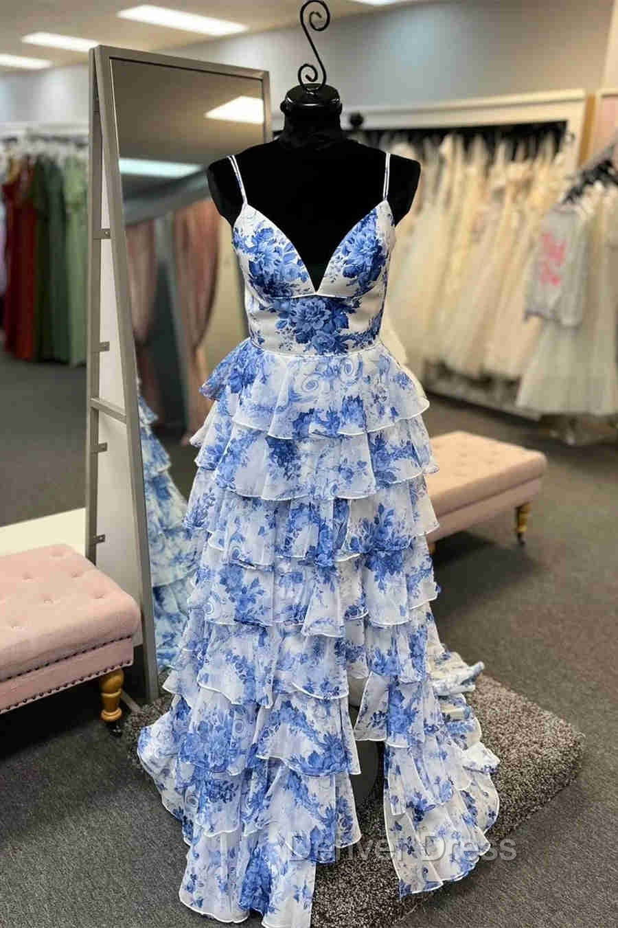 Straps Blue Floral Print High Slit Ruffled Prom Dresses