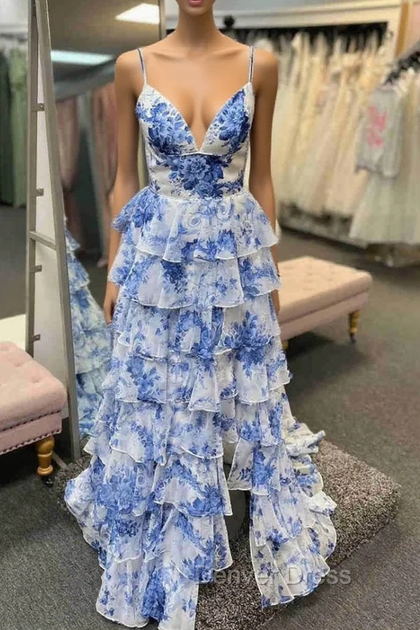 Straps Blue Floral Print High Slit Ruffled Prom Dresses Main image