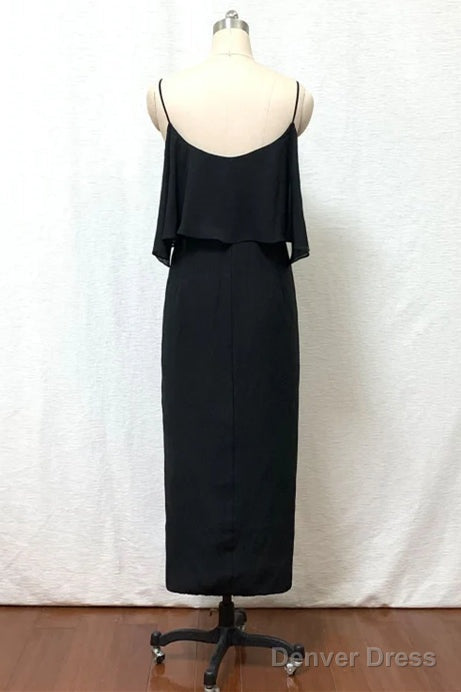 Straps Boho Black Tea Length Chiffon Bridesmaid Dresses