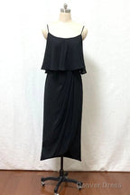 Straps Boho Black Tea Length Chiffon Bridesmaid Dresses