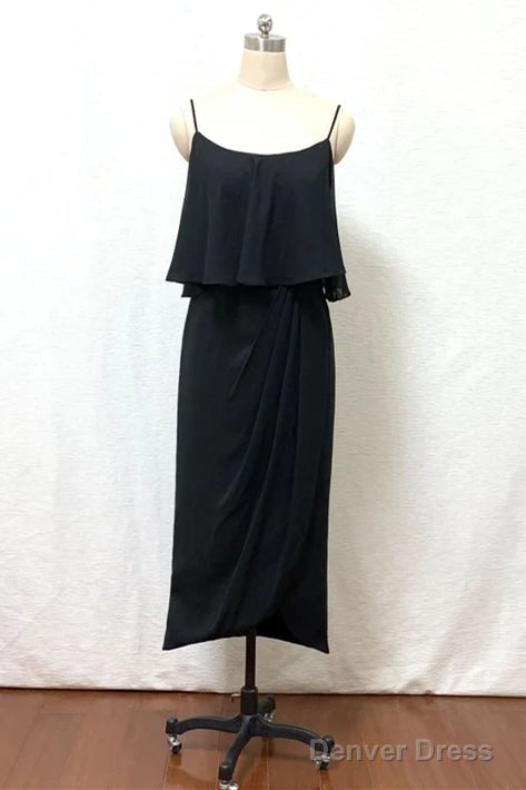 Straps Boho Black Tea Length Chiffon Bridesmaid Dresses