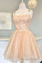Straps Champagne A-Line Tulle Homecoming Dresses with Gold Stars