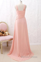 Straps Chiffon Long Bridesmaid Dresses Coral Formal Wedding Party Dresses