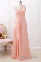 Straps Chiffon Long Bridesmaid Dresses Coral Formal Wedding Party Dresses