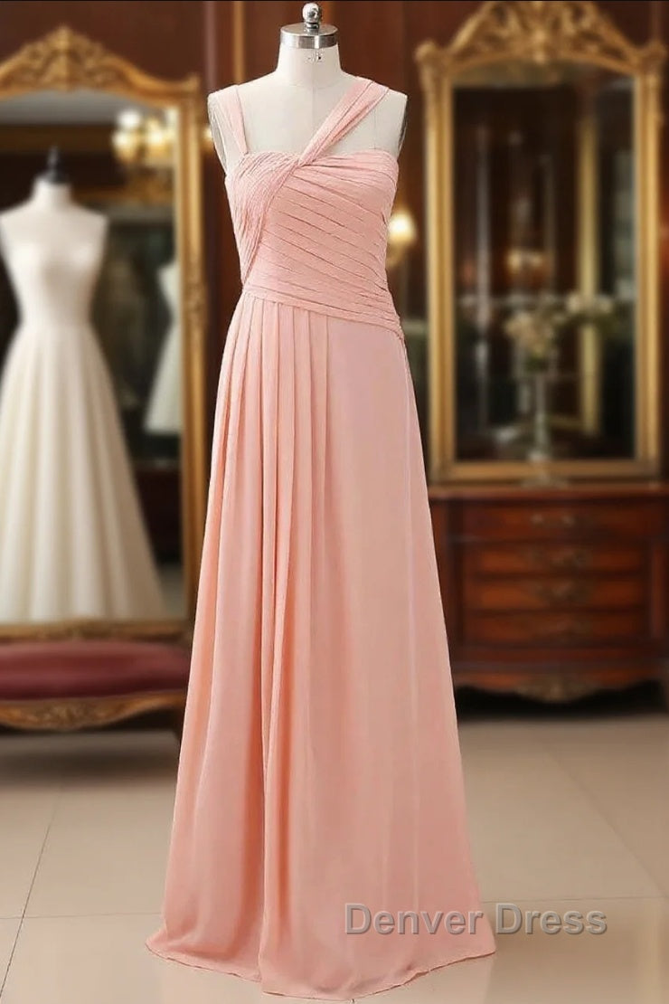 Straps Chiffon Long Bridesmaid Dress Coral Prom Wedding Prom Dresses