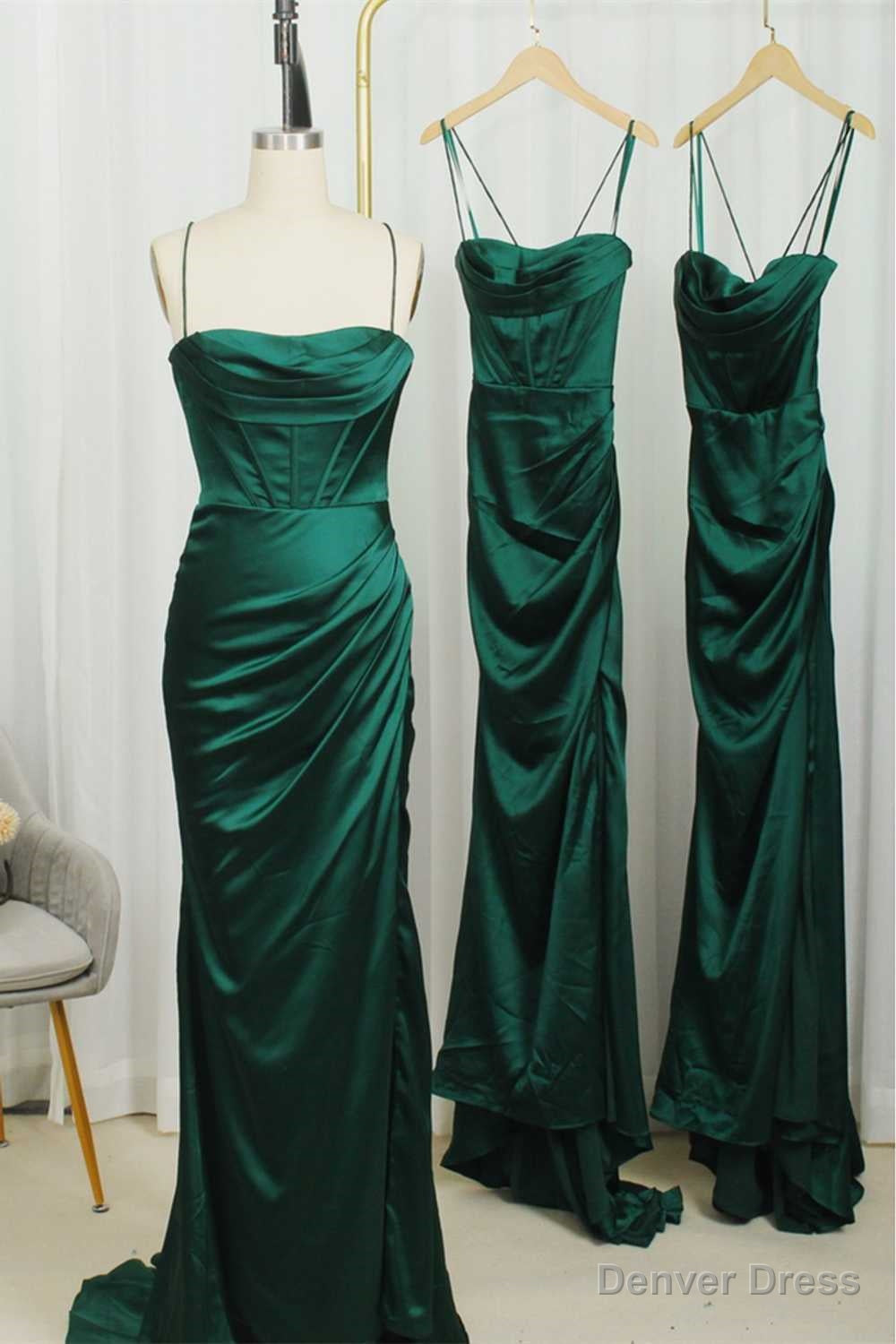 Straps Dark Green Mermaid Long Bridesmaid Dress,Modest Satin Formal Dresses Main image
