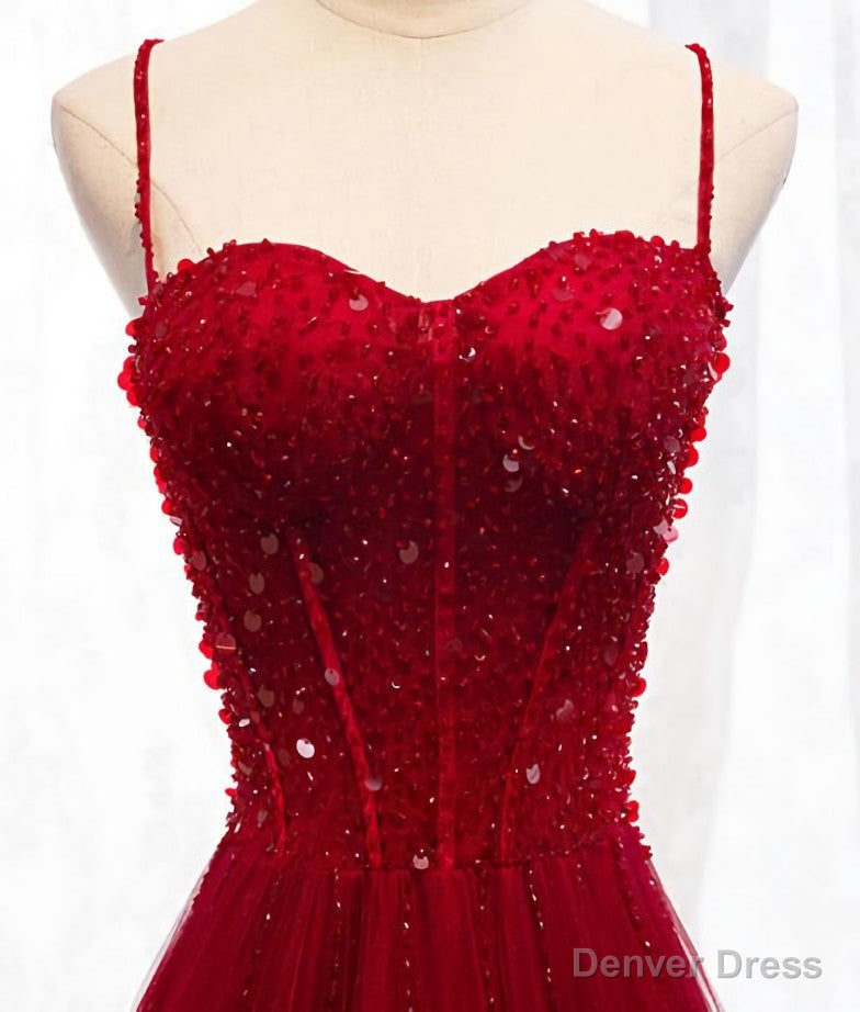 Straps Dark Red Beaded Sweetheart Long Prom Dress, Junior Prom Dresses