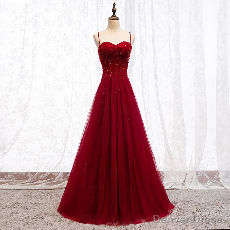 Straps Dark Red Beaded Sweetheart Long Prom Dress, Junior Prom Dresses Secondary image