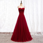 Straps Dark Red Beaded Sweetheart Long Prom Dress, Junior Prom Dresses