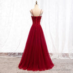 Straps Dark Red Beaded Sweetheart Long Prom Dress, Junior Prom Dresses
