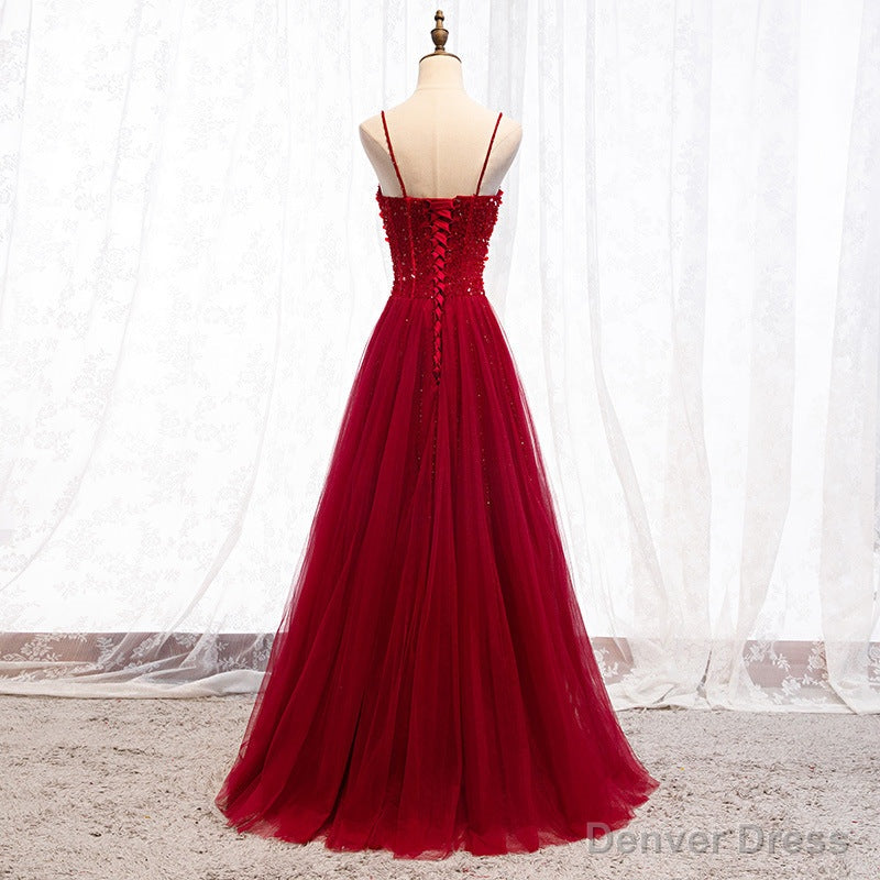Straps Dark Red Beaded Sweetheart Long Prom Dress, Junior Prom Dresses