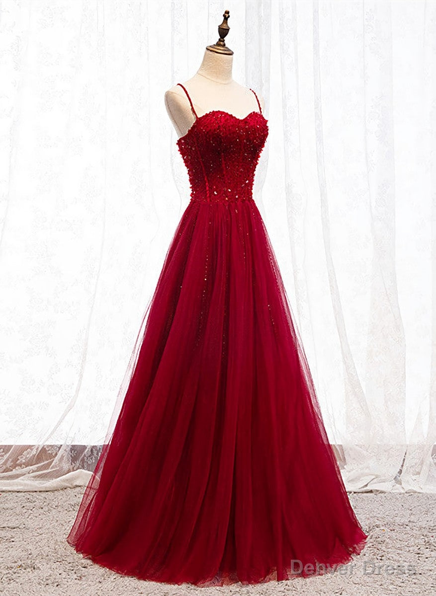Straps Dark Red Beaded Sweetheart Long Prom Dress, Junior Prom Dresses Main image