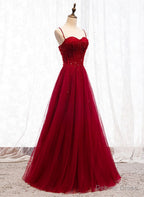 Straps Dark Red Beaded Sweetheart Long Prom Dress, Junior Prom Dresses