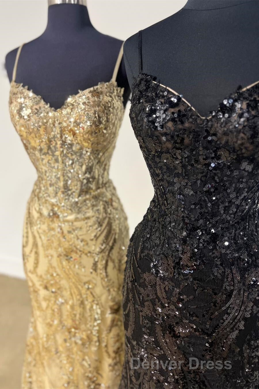 Straps Gold Sequin Mermaid Long Prom Dresses