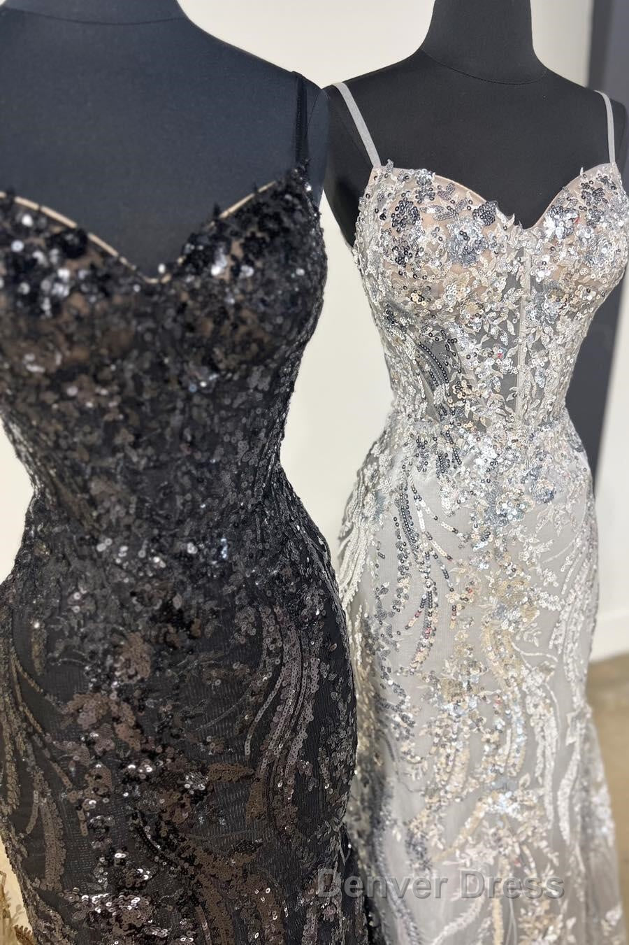 Straps Gold Sequin Mermaid Long Prom Dresses