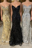Straps Gold Sequin Mermaid Long Prom Dresses