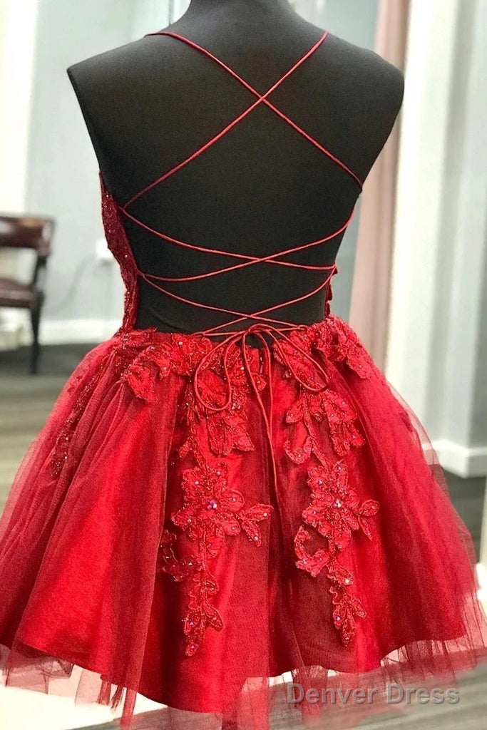 Straps Lace Appliqued Red Short Homecoming Dress Secondary image