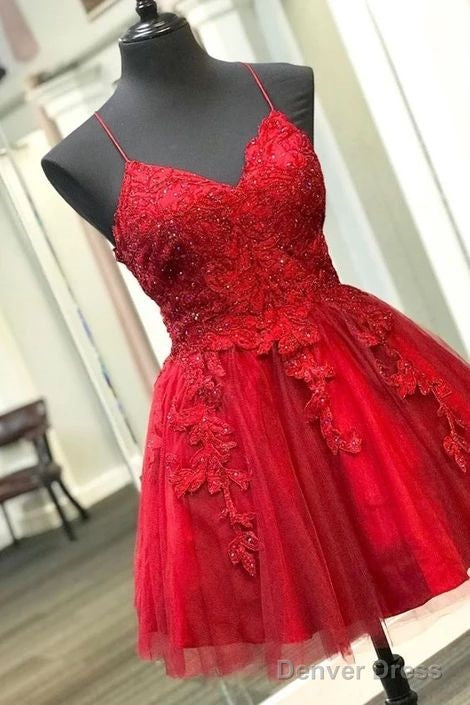 Straps Lace Appliqued Red Short Homecoming Dresses Main image