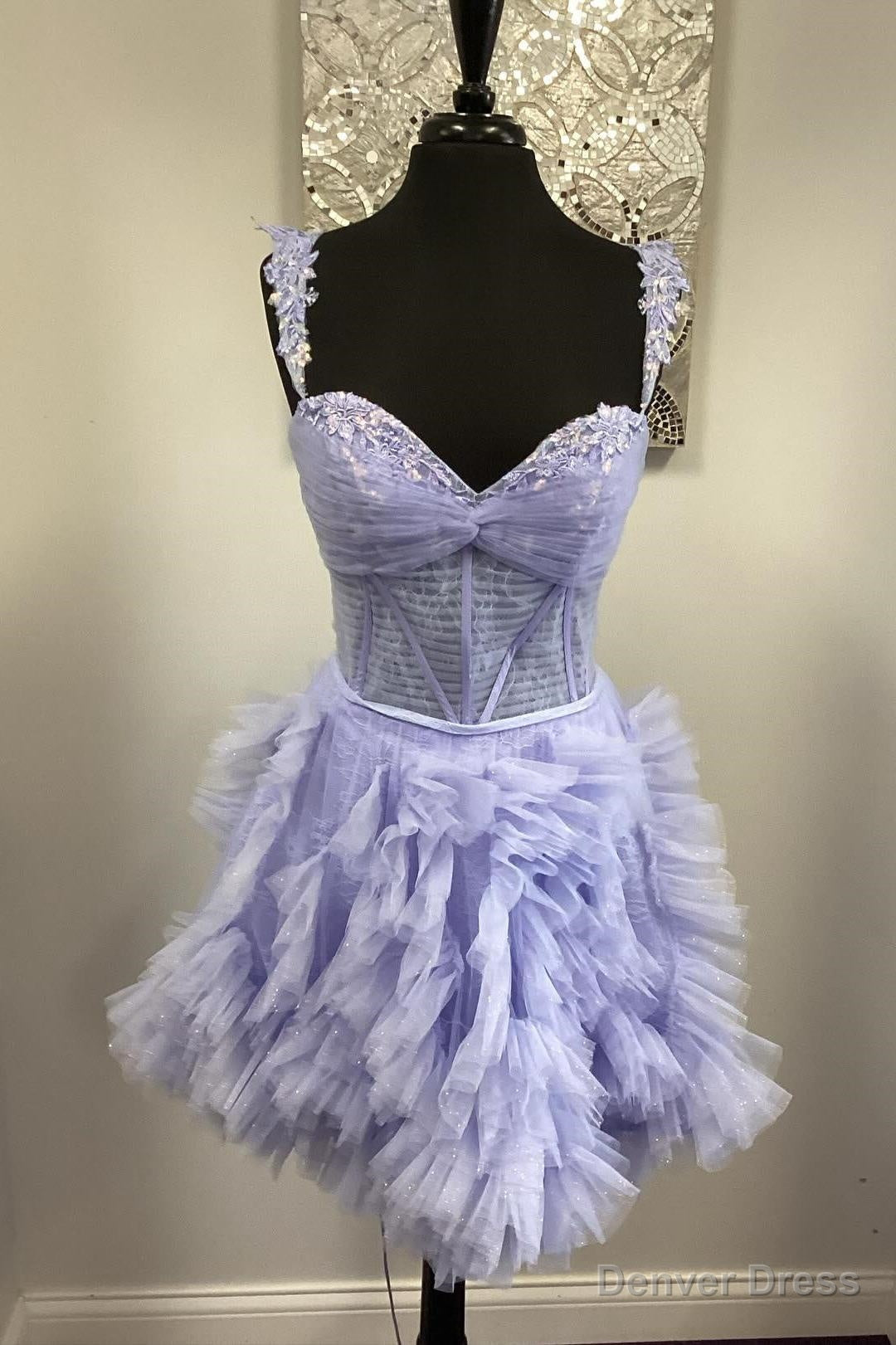 Straps Lavender A Line Ruffle Short Homecoming Dresses Main image