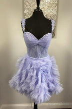 Straps Lavender A Line Ruffle Short Homecoming Dresses
