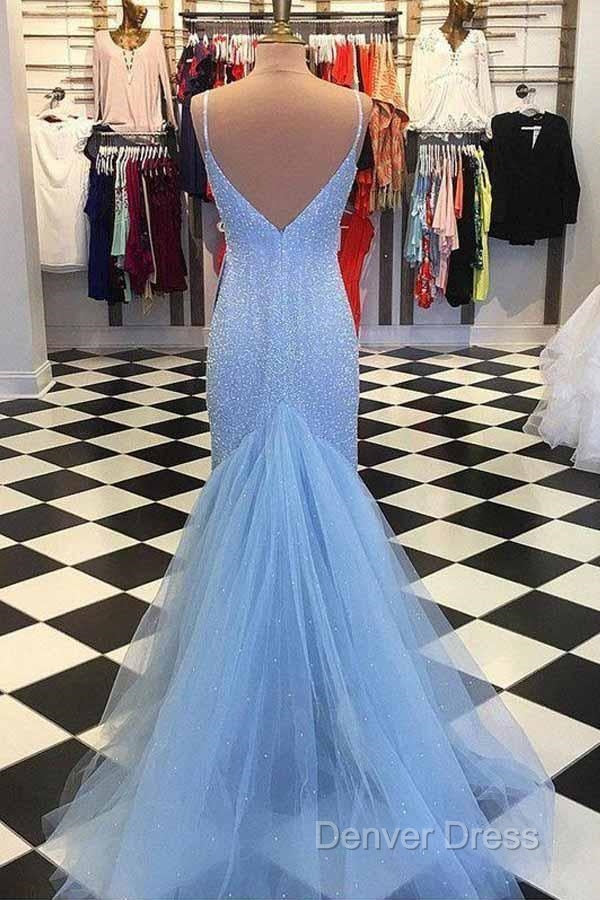 Straps Light Blue Mermaid Prom Dresses Beaded Backless Formal Dresses Secondary image