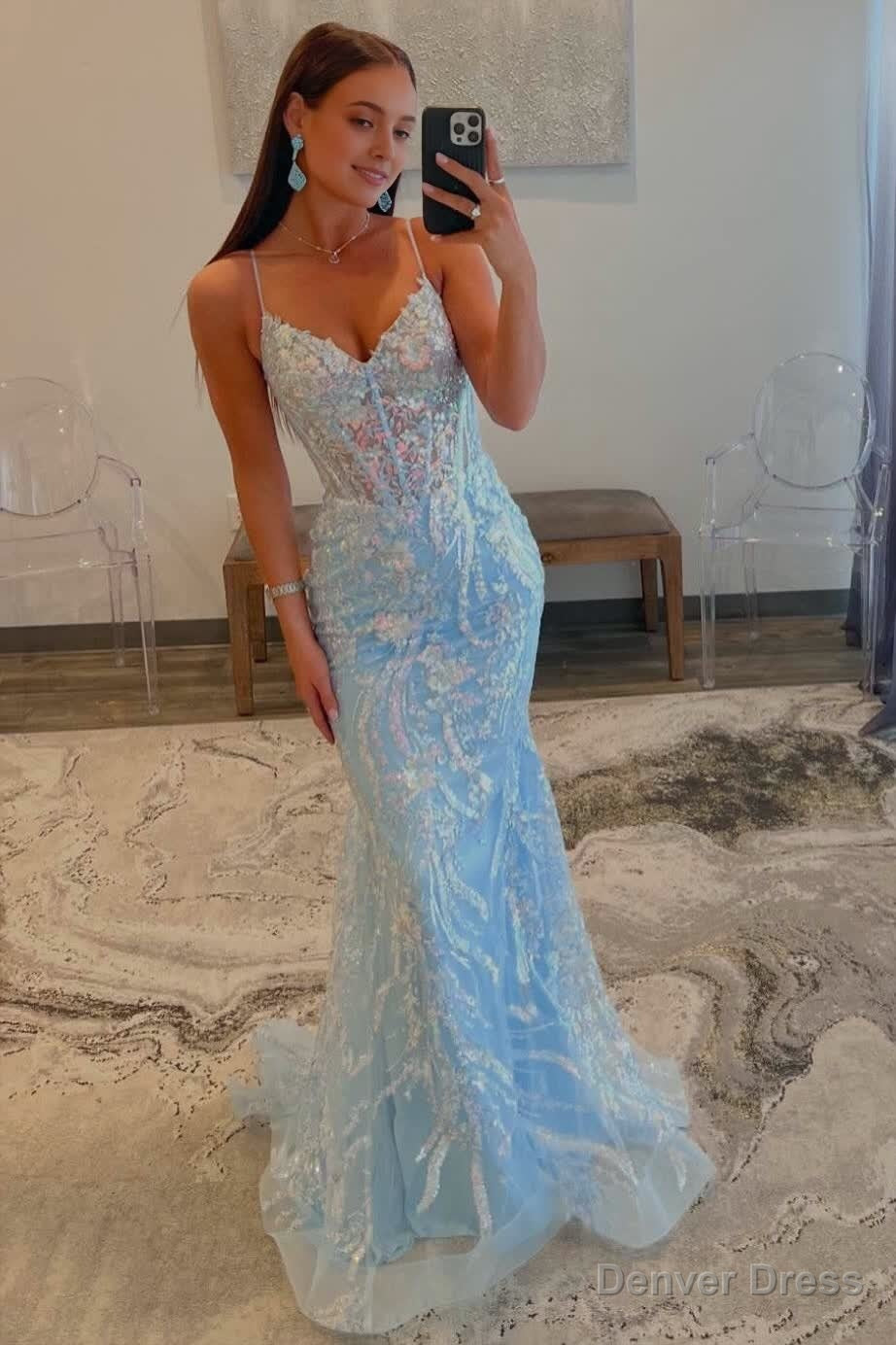 Straps Light Blue V Neck Sequin Appliques Mermaid Prom Dresses Secondary image