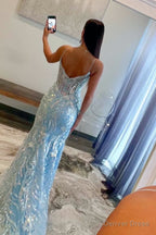 Straps Light Blue V Neck Sequin Appliques Mermaid Prom Dresses