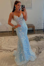 Straps Light Blue V Neck Sequin Appliques Mermaid Prom Dresses